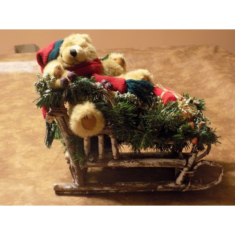 Teddy Bear Rustic Wood Sleigh Holiday Christmas Decor